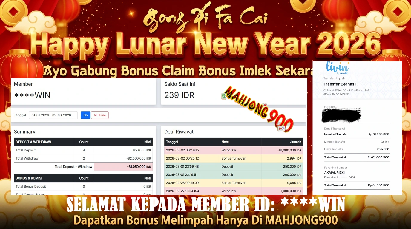 JACKPOT TOGEL [HONGKONG POOLS] HINGGA 81 JUTA, 02 MARET 2026 – MAHJONG900