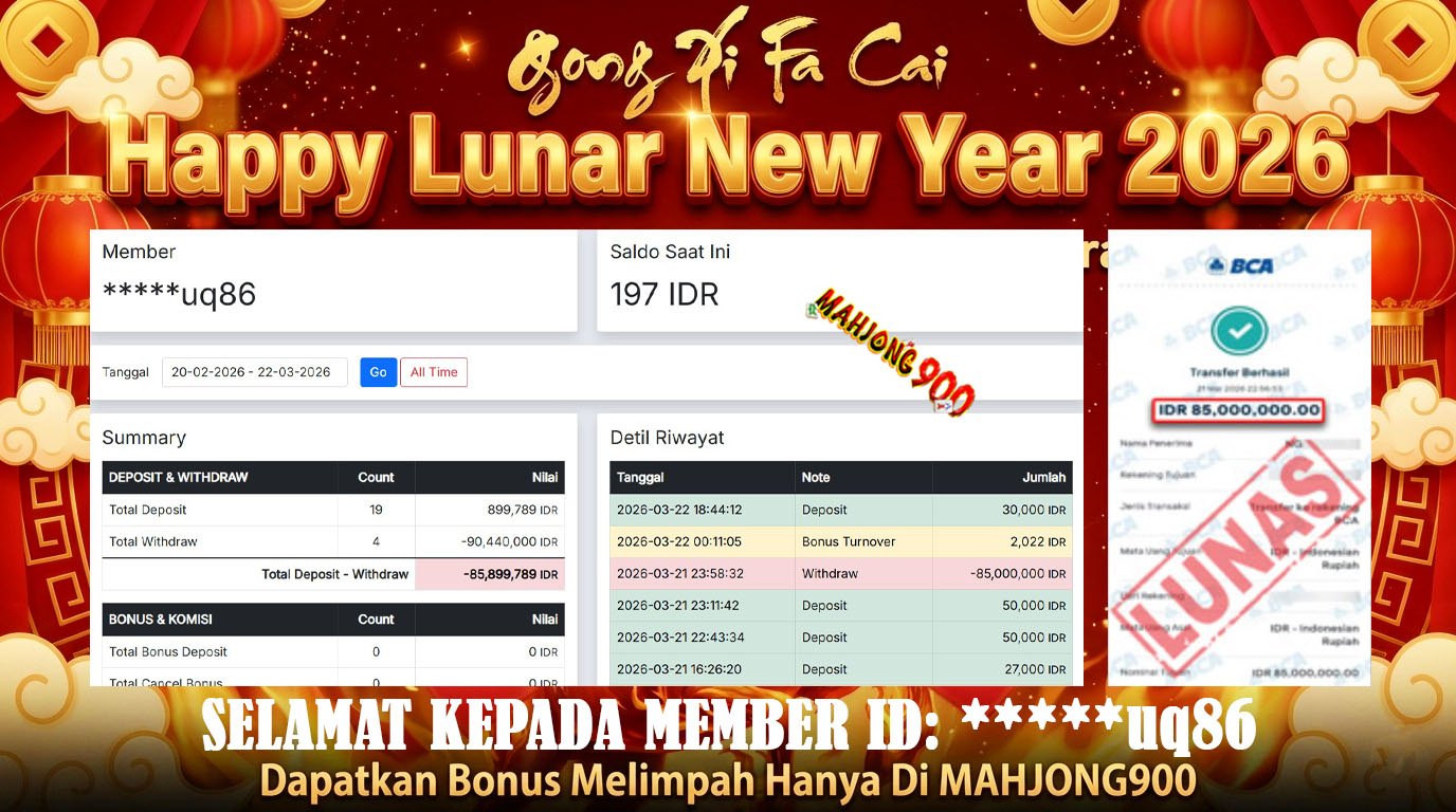 JACKPOT TOGEL [TOTO MACAU] HINGGA 85 JUTA, 22 MARET 2026 – MAHJONG900