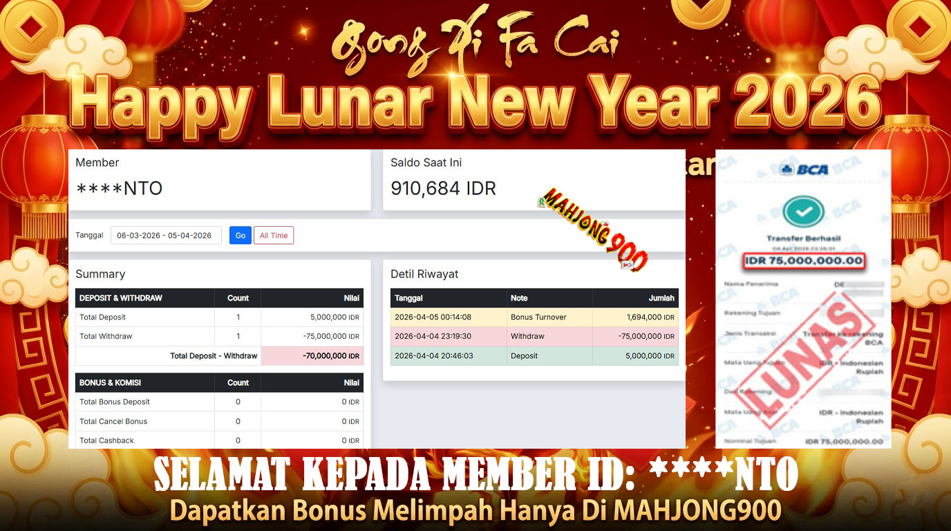 JACKPOT SLOT [GATES OF GATOTKACA 1000] HINGGA 75 JUTA, 05 APRIL 2026 – MAHJONG900