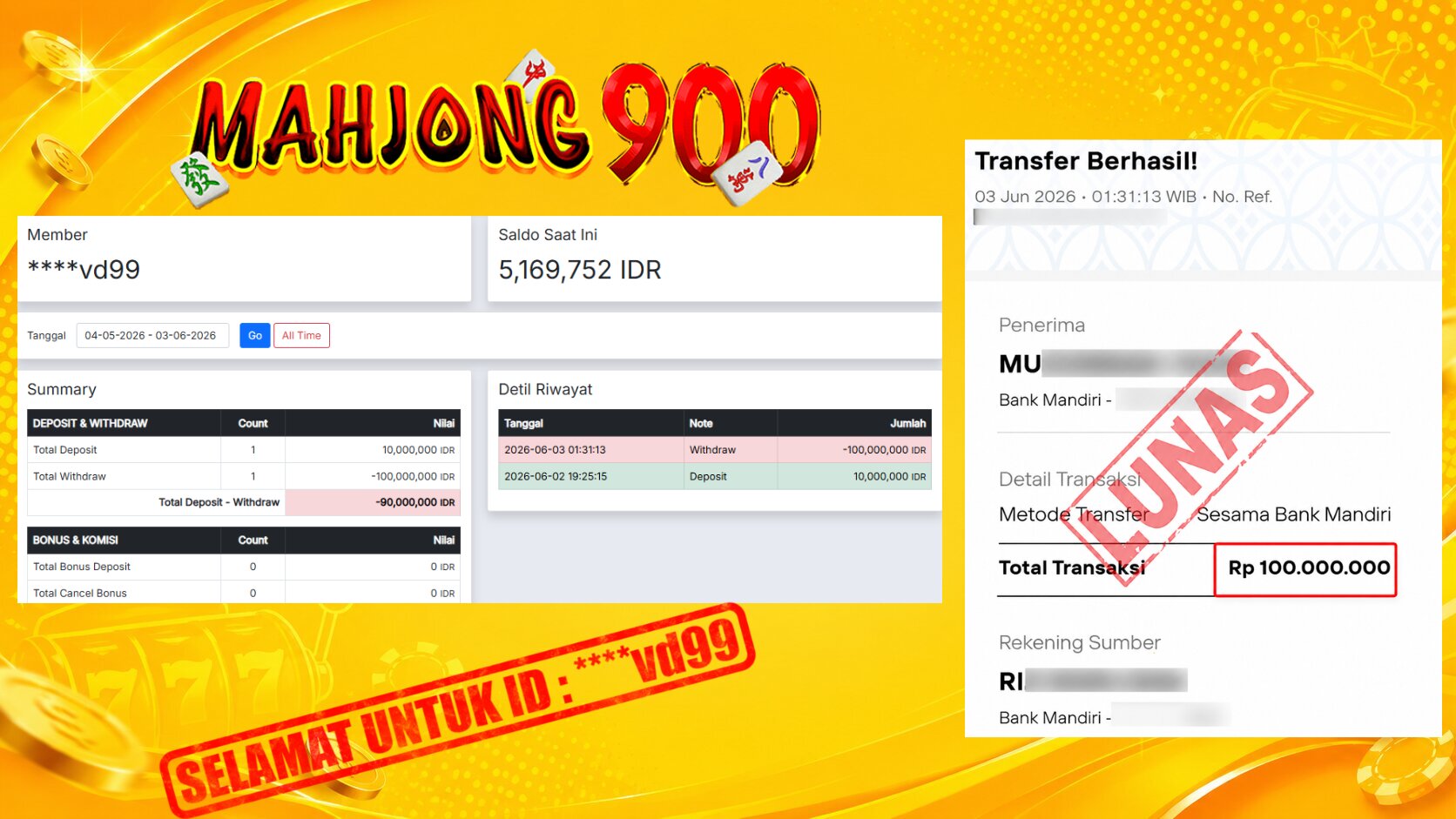 JACKPOT CASINO [LIVE ROULETTE] HINGGA 100 JUTA, 03 JUNI 2026 – MAHJONG900