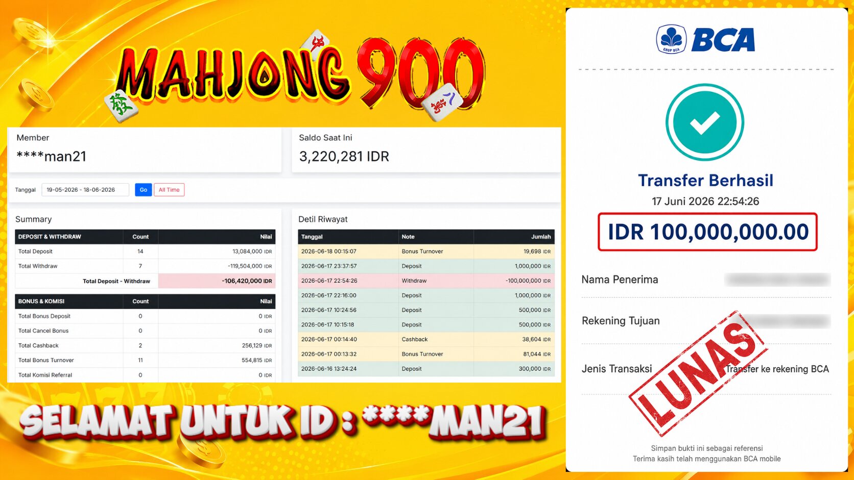 JACKPOT LIVE CASINO [BACCARAT 3] HINGGA 100 JUTA, 17 JUNI 2026 – MAHJONG900