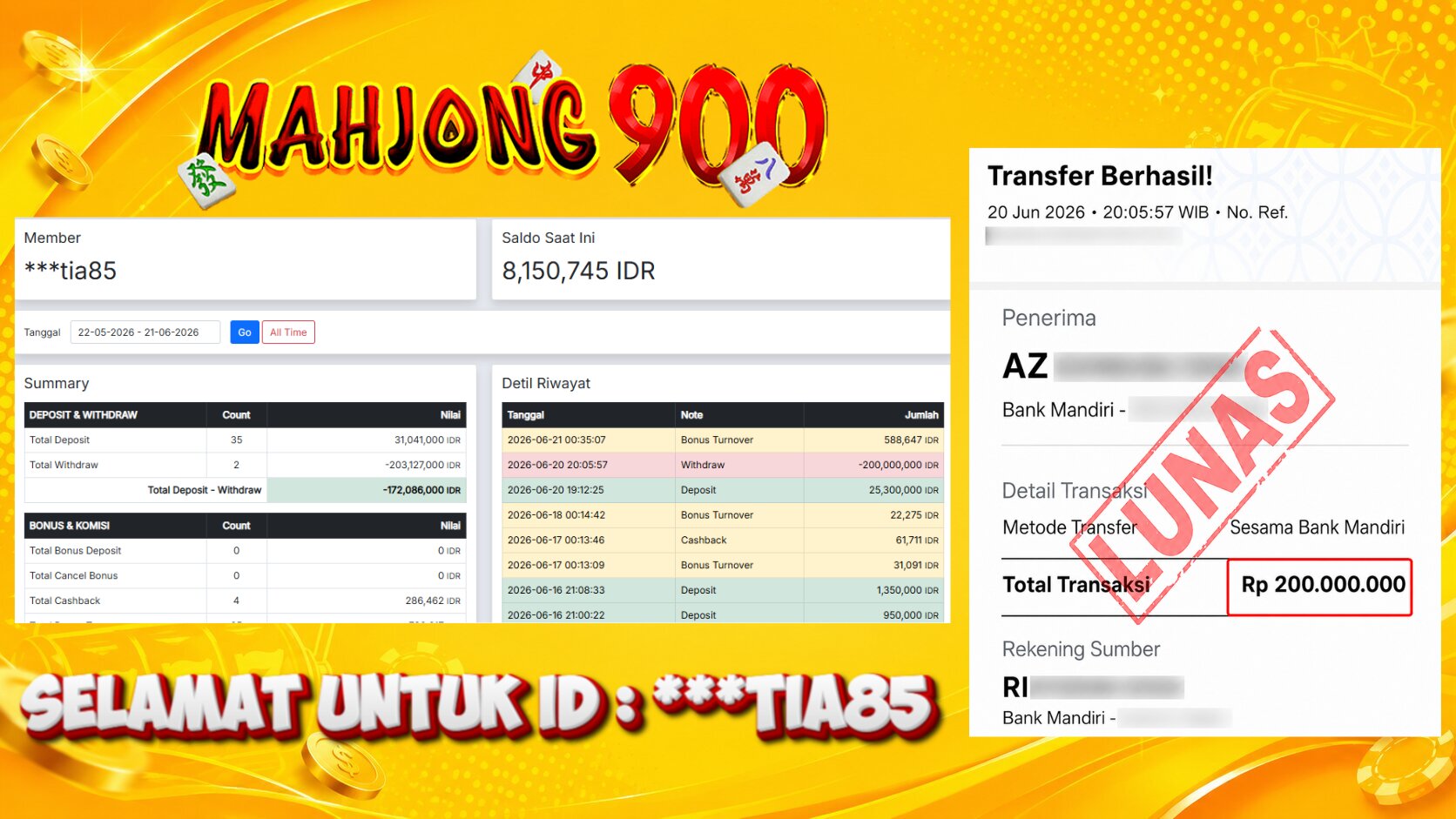 JACKPOT SLOT [MAHJONG WAYS 1] HINGGA 200 JUTA, 20 JUNI 2026 – MAHJONG900