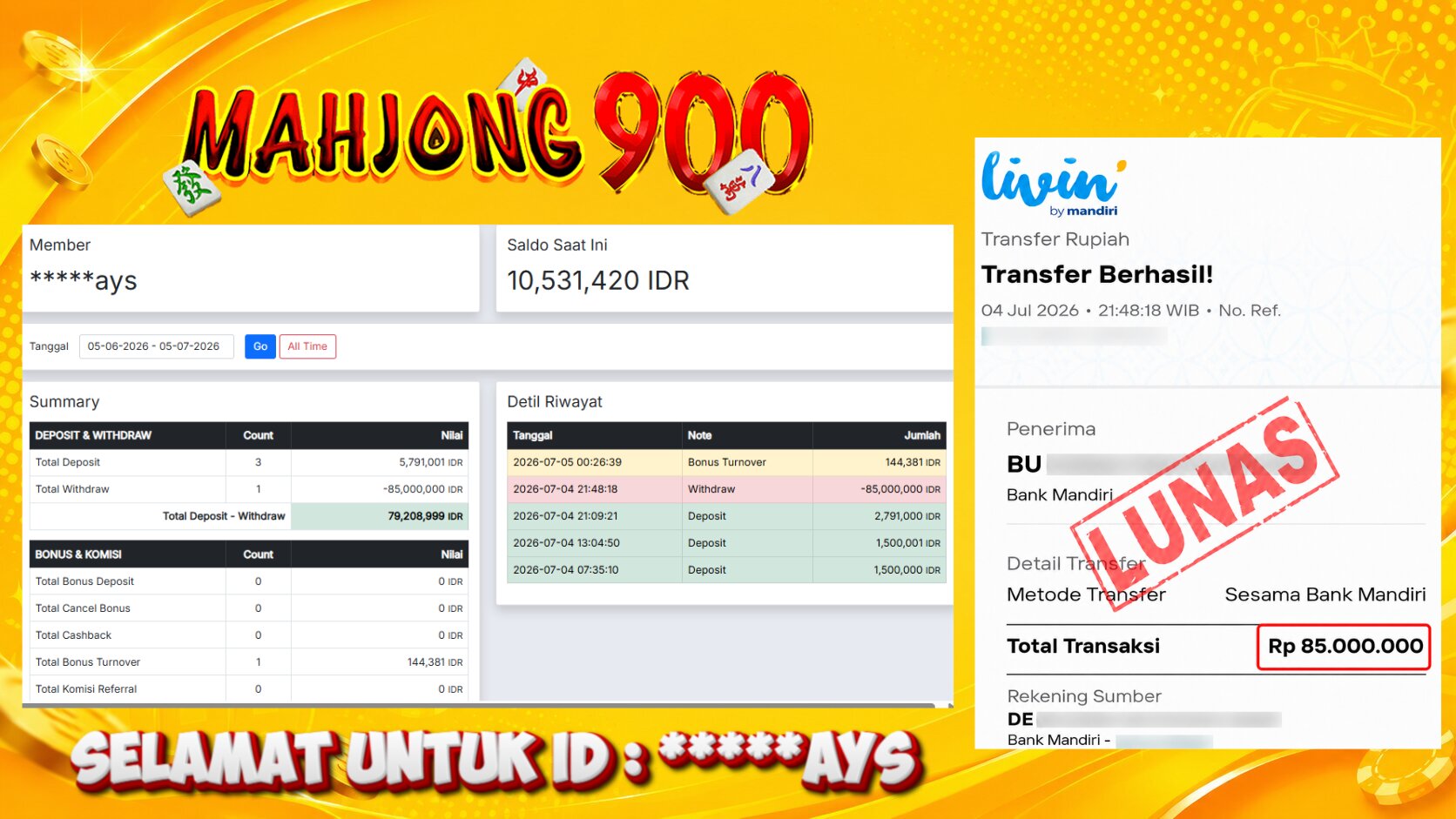 JACKPOT SLOT [MAHJONG WAYS 2] HINGGA 85 JUTA, 04 JULI 2026 – MAHJONG900