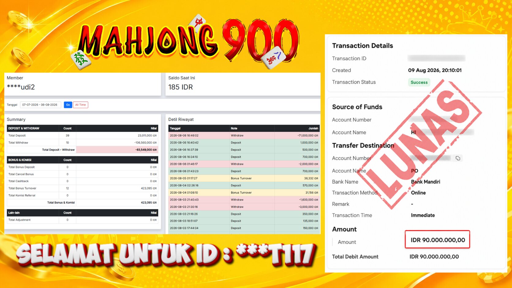 JACKPOT SLOT [MAHJONG WINS 3] HINGGA 90 JUTA, 09 AGUSTUS 2026 – MAHJONG900