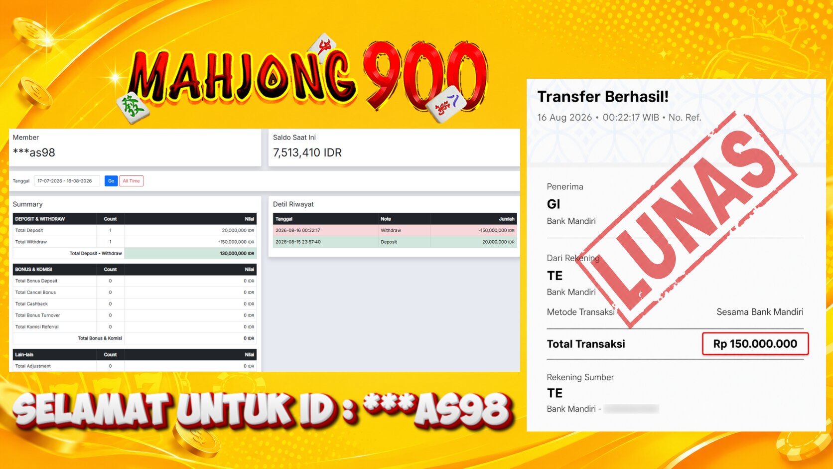 JACKPOT SLOT [MAHJONG WAYS 2] HINGGA 150 JUTA, 16 AGUSTUS 2026 – MAHJONG900