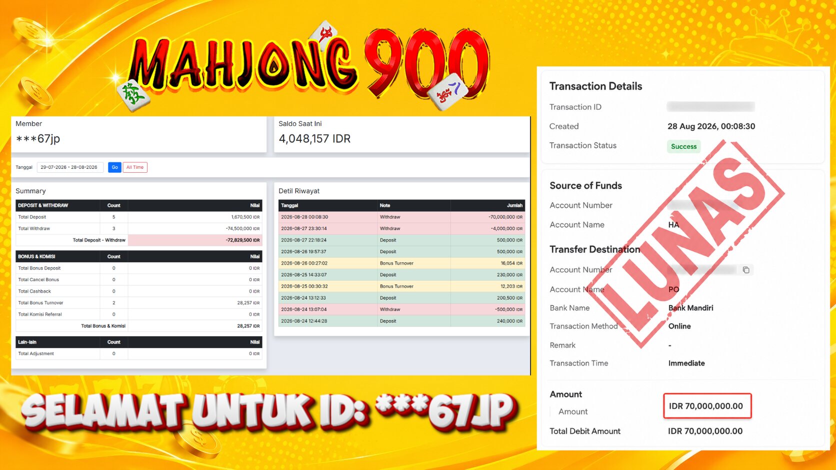JACKPOT SLOT [SWEET BONANZA 1000] HINGGA 70 JUTA, 28 AGUSTUS 2026 – MAHJONG900