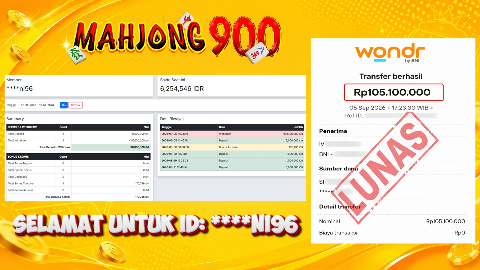 JACKPOT SLOT [MAHJONG WINS 3] HINGGA 105 JUTA, 05 SEPTEMBER 2026 – MAHJONG900